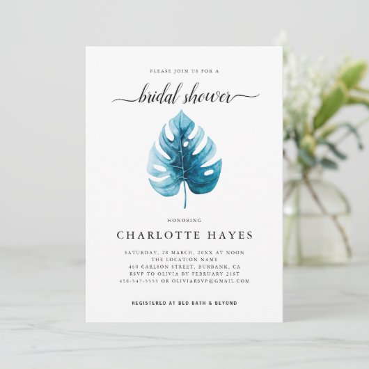 Minimal Wasserfarbe Monstera Leaf Brautparty Einladung (Stehend Vorderseite)