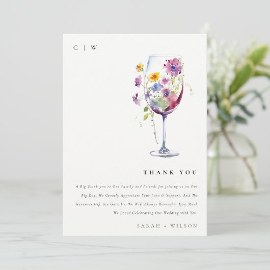 Minimal Wasserfarben Blumenwein Hochzeit Dankeskarte (Stehend Vorderseite)