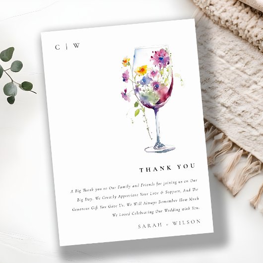 Minimal Wasserfarben Blumenwein Hochzeit Dankeskarte