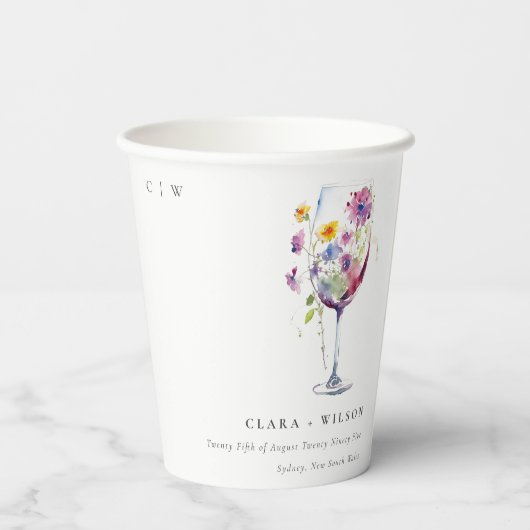 Minimal Wasserfarben Blumenwein Hochzeit Pappbecher (Rückseite)