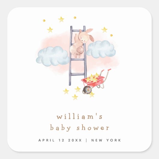 Minimal Watercolor Boho Bunny Stars Babydusche Quadratischer Aufkleber (Vorderseite)