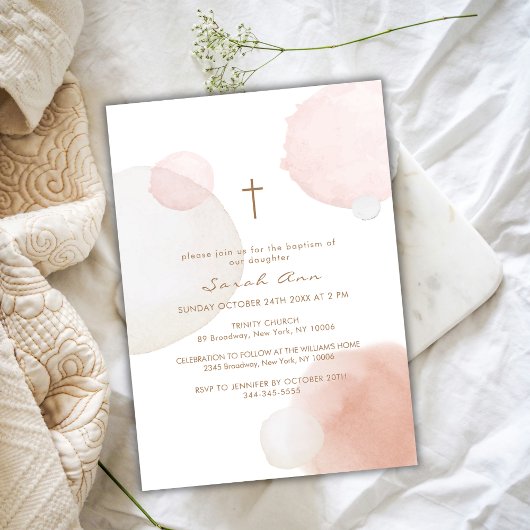 Minimal Watercolor Boho Gold Cross Taufe Einladung