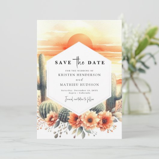 Minimal Watercolor Cactus Wedding Save The Date (Stehend Vorderseite)