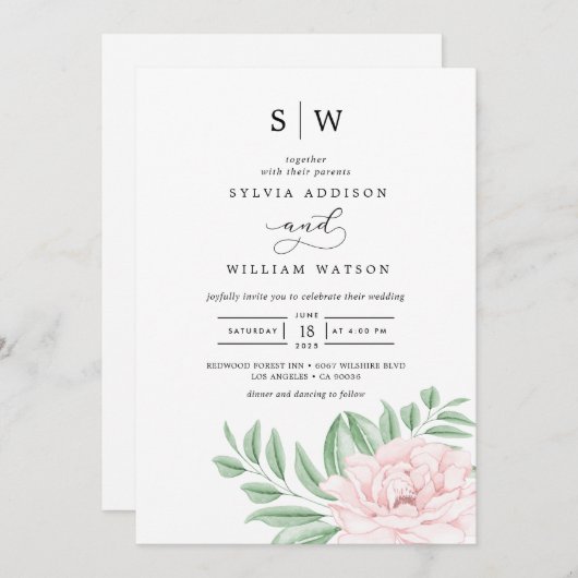 Minimal Watercolor Eukalyptus Blush Pink Wedding Einladung (Vorne/Hinten)