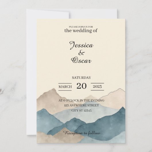 Minimal Watercolor Mountain Wedding Invitation Einladung (Vorderseite)