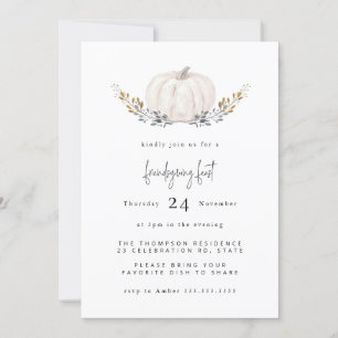 Minimal Watercolor Pumpkin Gold Leaf Friendsgiving Einladung