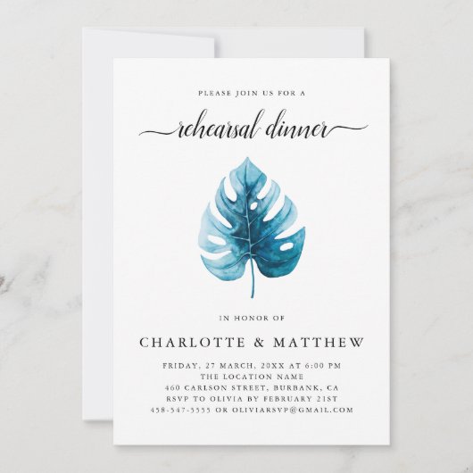 Minimal Watercolor Tropical Leaf Probe Abendessen Einladung (Vorderseite)
