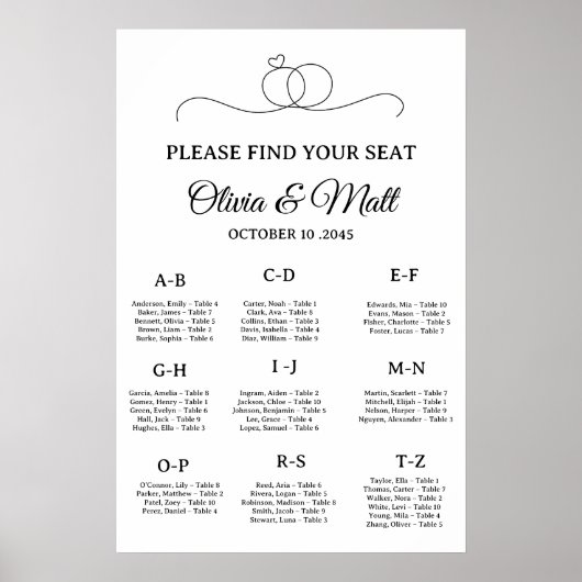 Minimal Wedding Alphabetical Seating Chart Poster (Vorne)