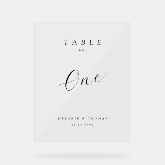 Minimal Wedding Elegante Black Script Tischnummer Acrylschild (Vorderseite)