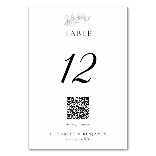 Minimal Wedding QR Code Menu Elegant Black White Tischnummer (Vorderseite)