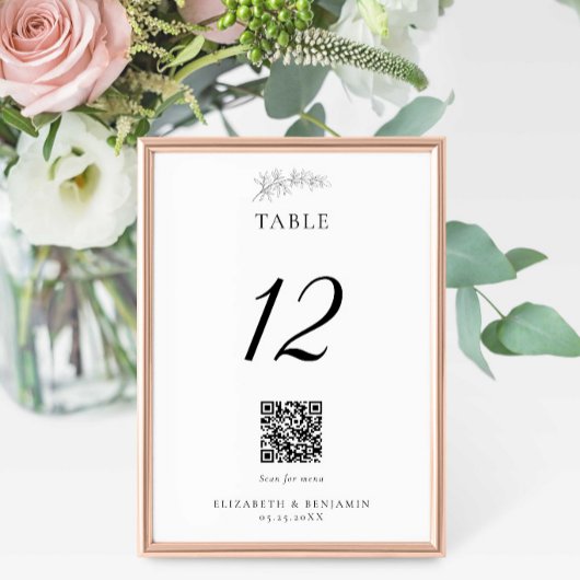 Minimal Wedding QR Code Menu Elegant Black White Tischnummer