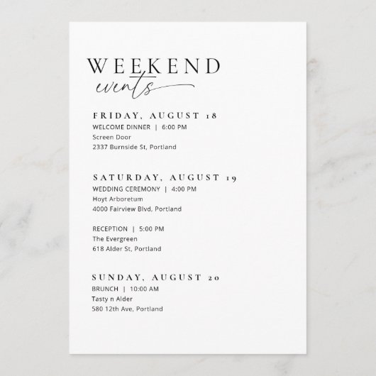 Minimal Wedding Welcome Bag Letter Timeline Card Menükarte (Rückseite)