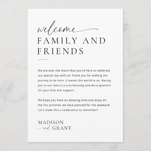 Minimal Wedding Welcome Bag Letter Timeline Card Menükarte (Vorderseite)