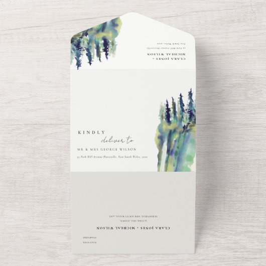 Minimal weiche Pine Tree Landschaft Hochzeit All In One Einladung (Außenbereich)