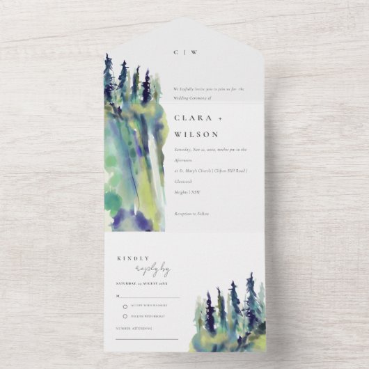 Minimal weiche Pine Tree Landschaft Hochzeit All In One Einladung (Innen Boden)