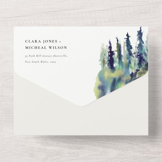 Minimal weiche Pine Tree Landschaft Hochzeit All In One Einladung (Rückseite)