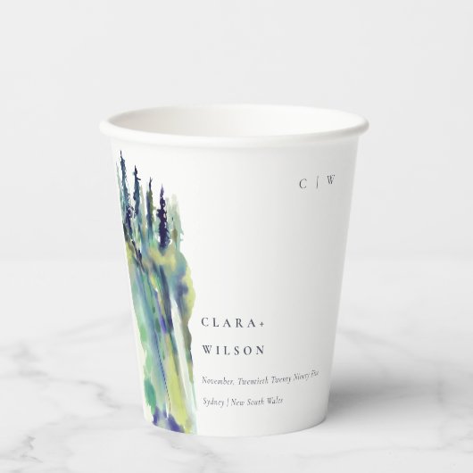 Minimal weiche Pine Tree Landschaft Hochzeit Pappbecher (Vorderseite)