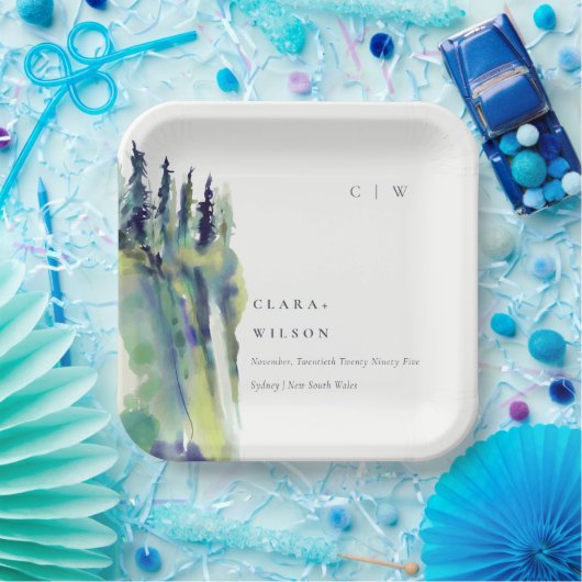 Minimal weiche Pine Tree Landschaft Hochzeit Pappteller (Party)