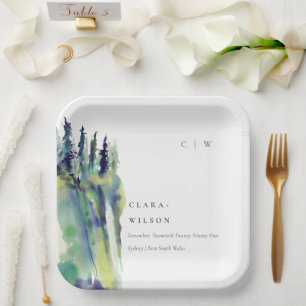 Minimal weiche Pine Tree Landschaft Hochzeit Pappteller