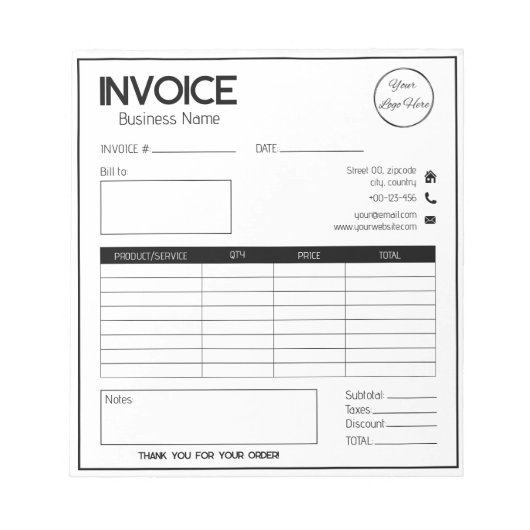 Minimal weiß mit Logo einfache Geschäftsrechnung Notizblock (Vorderseite)