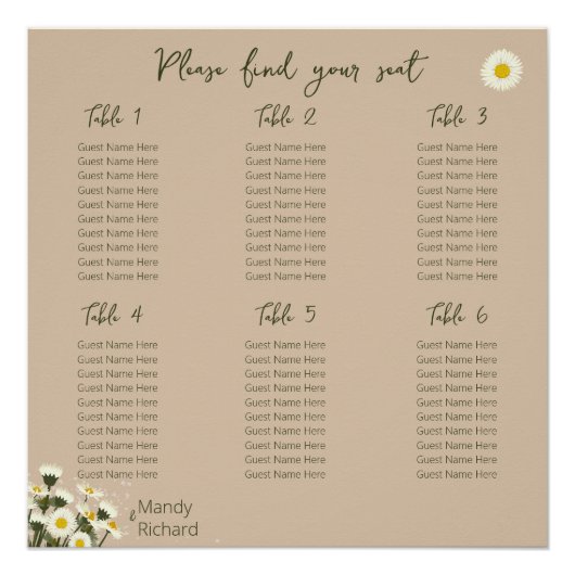 Minimal weiße Daisy-Blume Sitzkarte Poster (Vorderseite)
