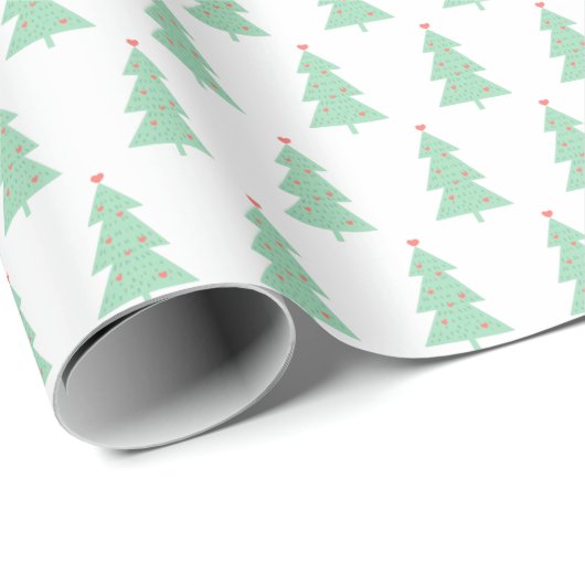 Minimal weiße grüne Weihnachtsbaum kleine Herzen Geschenkpapier (Rolleneckpunkt)