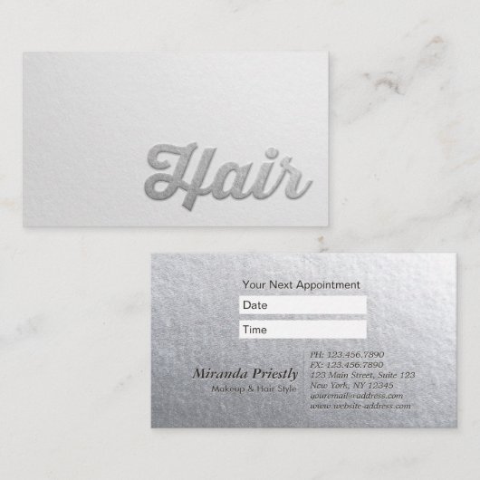 Minimal weißes Silber Embossed Text Hair Stylist Terminkarte (Vorne/Hinten)
