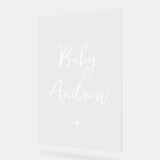 Minimal Welcome Baby Shower Elegantes White Script Acrylschild (Winkel)