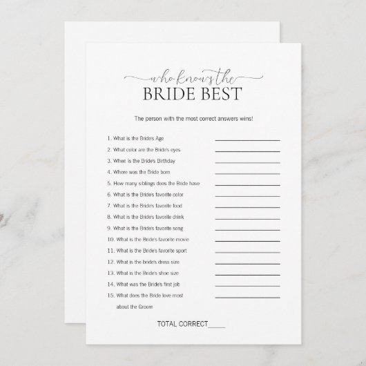 Minimal wer das Bride Brautparty Game kennt Einladung (Vorne/Hinten)