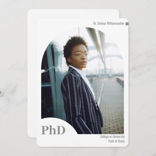 Minimal White Gray Arch Foto PhD Abschluss Ankündigung (Vorne/Hinten)