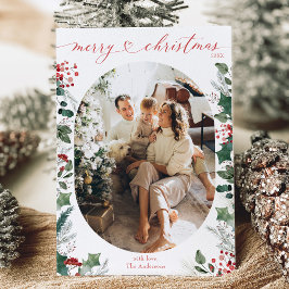 Minimal White Green Oval Foto Weihnachtskarte Feiertagskarte