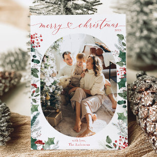 Minimal White Green Oval Foto Weihnachtskarte Feiertagskarte