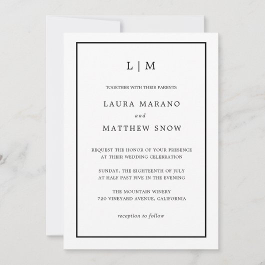 Minimal White Monogram Simple Wedding Einladung (Vorderseite)