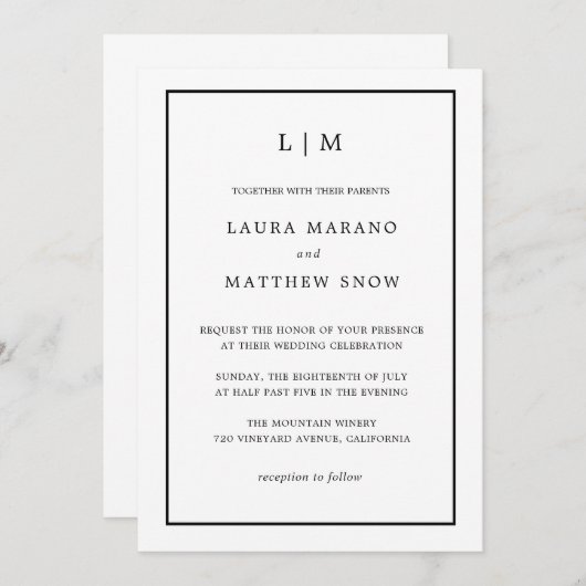 Minimal White Monogram Simple Wedding Einladung (Vorne/Hinten)