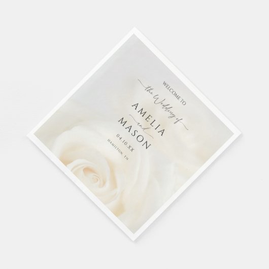 Minimal White Rose Elegant Script Wedding Welcome Serviette (Ecke)
