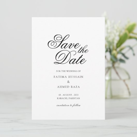 Minimal White Script Save the Date Card (Stehend Vorderseite)