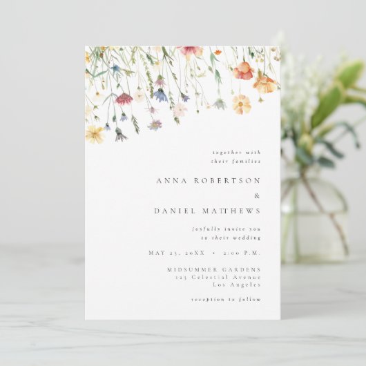 Minimal Wildflower QR Code Wedding Invitation Einladung (Stehend Vorderseite)