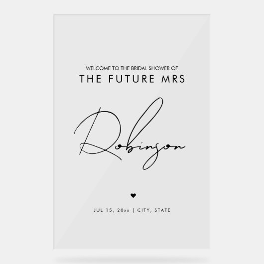 Minimal ZUKUNFT MRS. Brautparty Willkommen Schwarz Acrylschild (Vorderseite)