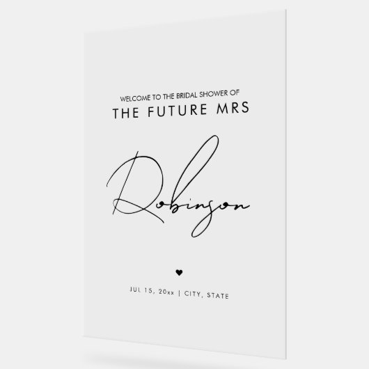 Minimal ZUKUNFT MRS. Brautparty Willkommen Schwarz Acrylschild (Winkel)