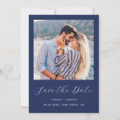 Minimal zwei Foto Script Navy Blue Save The Date (Vorderseite)