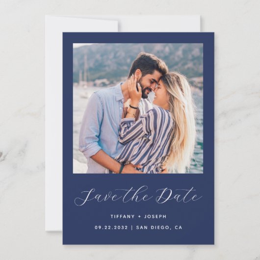Minimal zwei Foto Script Navy Blue Save The Date (Vorderseite)