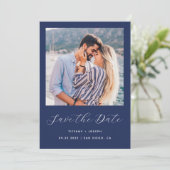 Minimal zwei Foto Script Navy Blue Save The Date (Stehend Vorderseite)