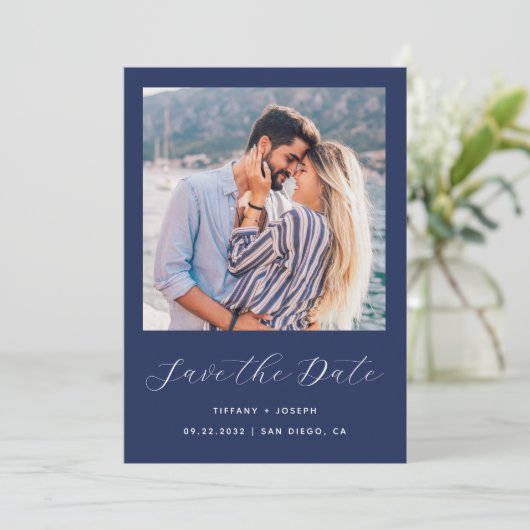 Minimal zwei Foto Script Navy Blue Save The Date (Stehend Vorderseite)
