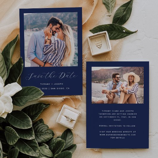 Minimal zwei Foto Script Navy Blue Save The Date