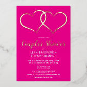 Minimal zwei Herz Hot Pink Paare Dusche Folieneinladung (Vorderseite)