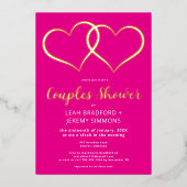 Minimal zwei Herz Hot Pink Paare Dusche Foto Folieneinladung (Vorderseite)