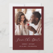 Minimal zweiFoto Burgundy Red Script Save The Date (Vorderseite)