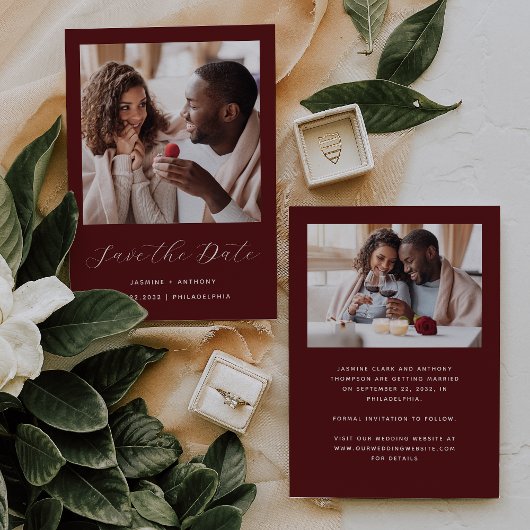 Minimal zweiFoto Burgundy Red Script Save The Date