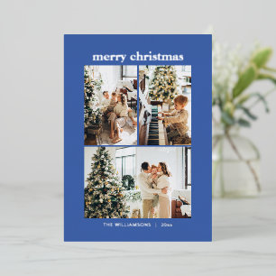 Minimale 3-Foto-Collage Frohe Weihnachten Blau Gol Folien Feiertagskarte