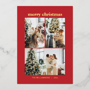 Minimale 3-Foto-Collage Frohe Weihnachten Rot Gold Folien Feiertagskarte
